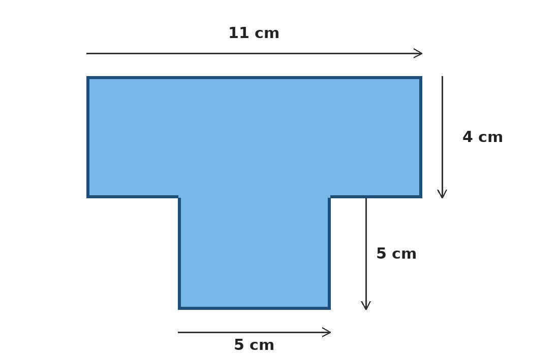 Denah berbentuk huruf T berwarna biru: persegi panjang 11 cm × 4 cm di bagian atas dan persegi 5 cm × 5 cm di bagian bawah