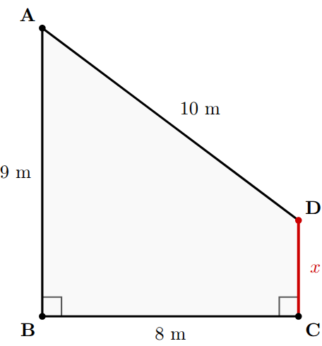 Trapesium siku-siku ABCD dengan AB = 9 m tegak, BC = 8 m mendatar, sisi miring AD = 10 m, dan CD = x tegak di kanan