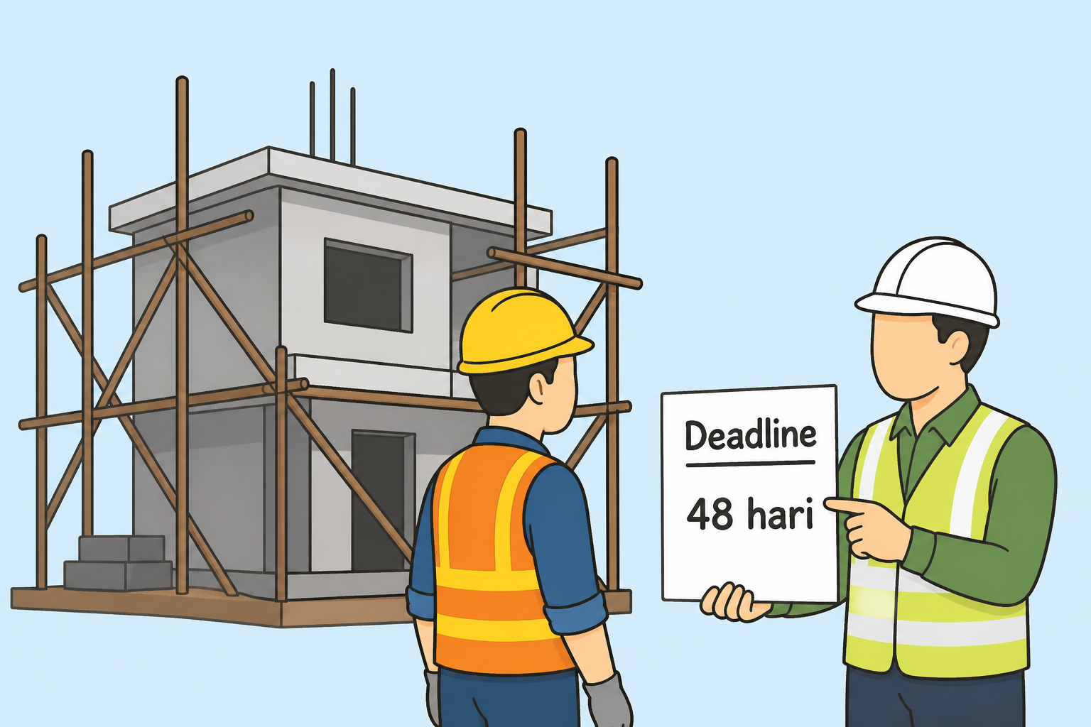 Proyek pembangunan rumah dua lantai dengan perancah; seorang pekerja dan mandor menunjukkan papan bertuliskan Deadline 48 hari