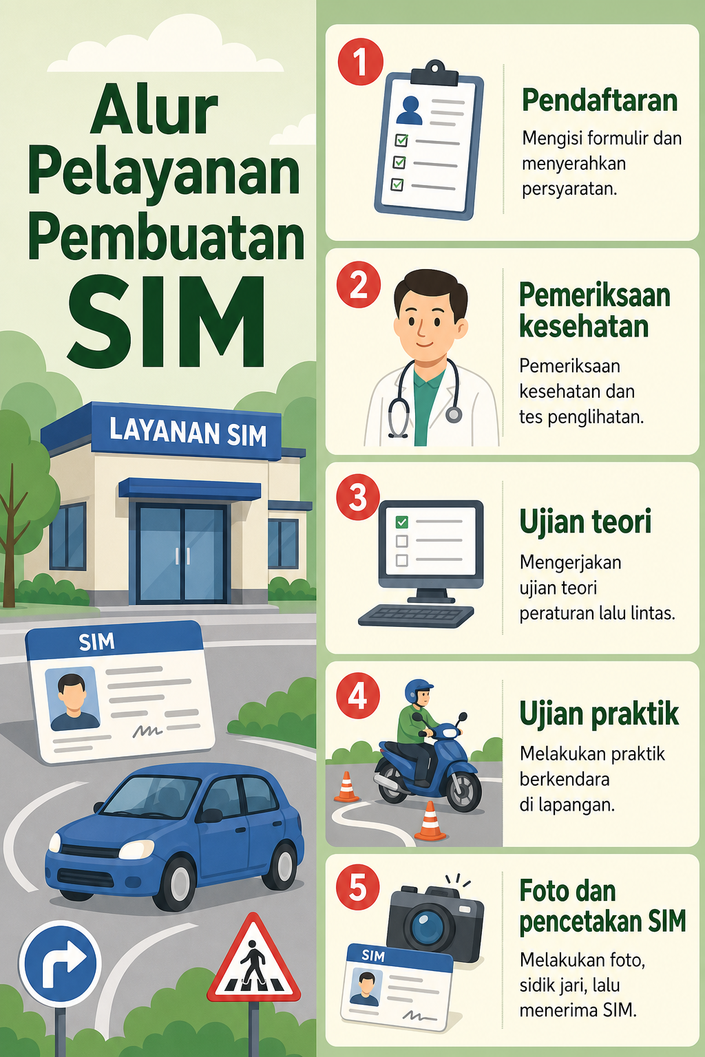 Infografis Alur Pelayanan Pembuatan SIM dengan lima tahap: pendaftaran, pemeriksaan kesehatan, ujian teori, ujian praktik, serta foto dan pencetakan SIM