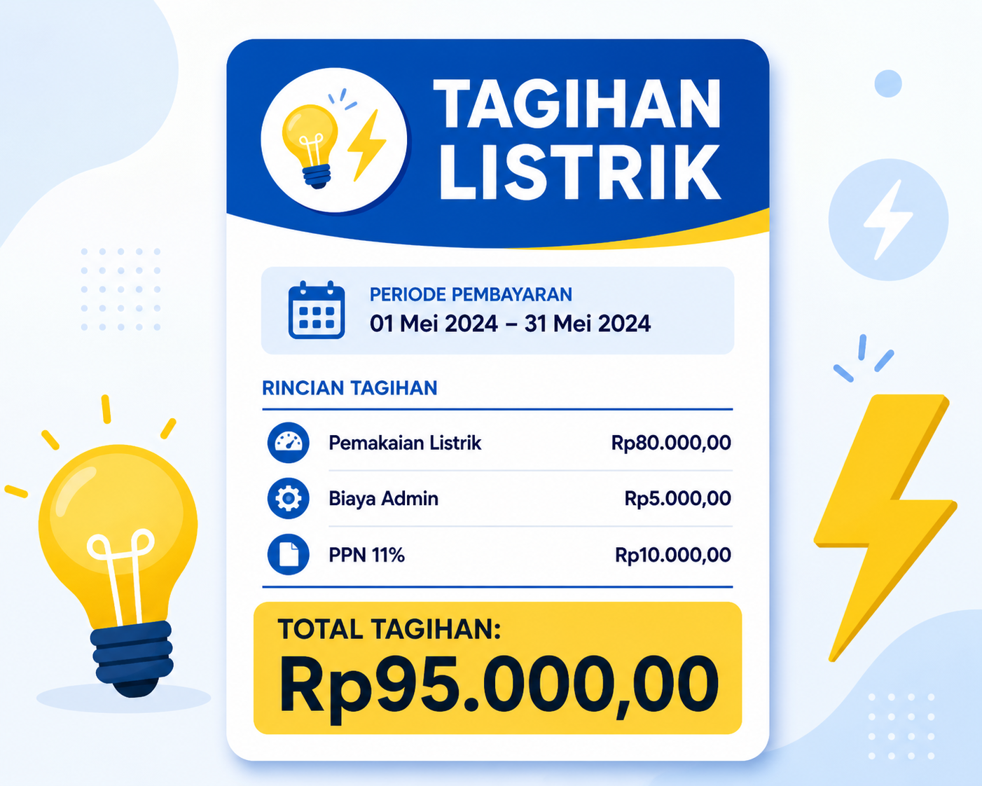 Tagihan listrik periode 01 Mei 2024 - 31 Mei 2024: Pemakaian Listrik Rp80.000,00, Biaya Admin Rp5.000,00, PPN 11% Rp10.000,00, Total Tagihan Rp95.000,00